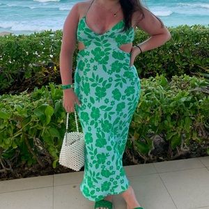 Zara Satin Maxi Dress Floral Green White Vacation Summer